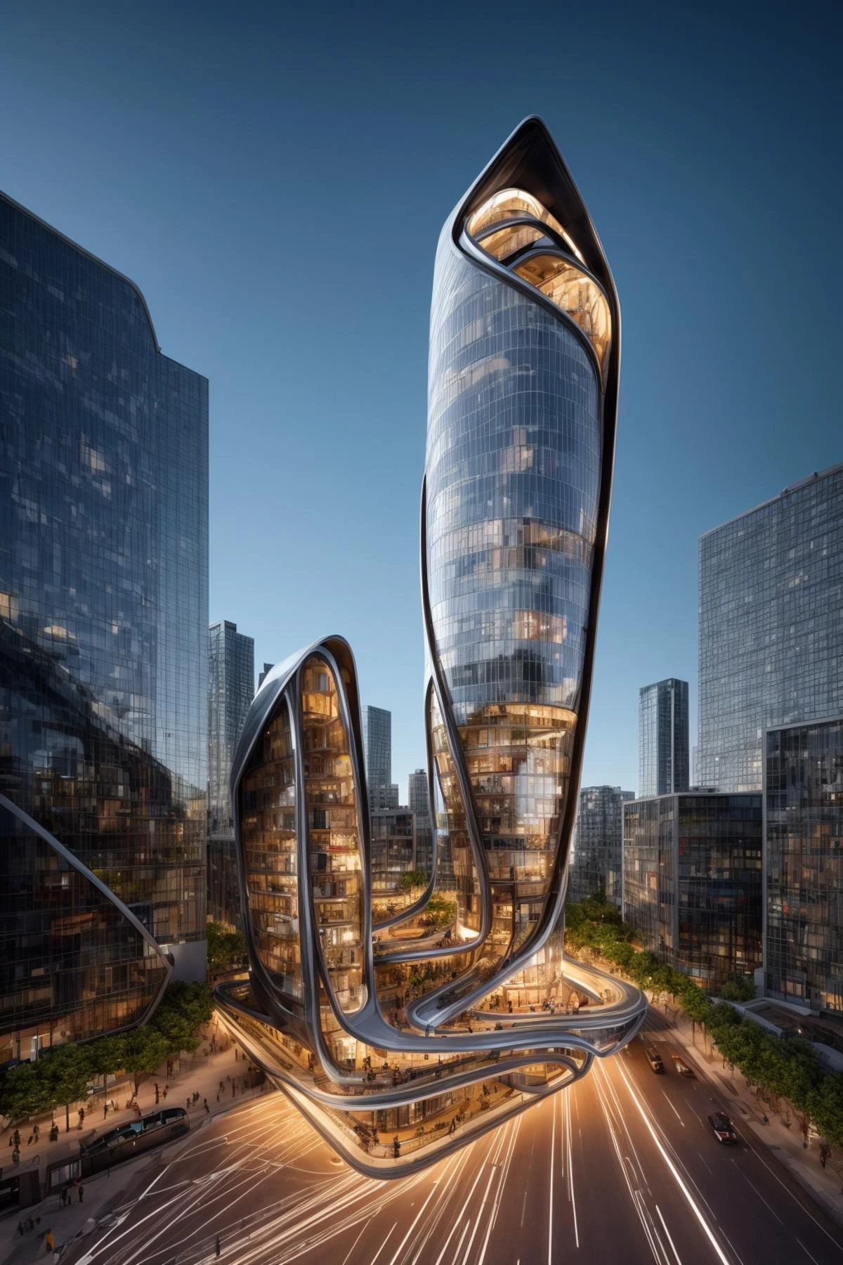 A futuristic and stunningly beautiful high-rise shopping center architectural structure with bold, futuristic design elements, blending seamlessly into the art form of digital illustration. Inspired by the works of Syd Mead. The scene showcases the center amidst a bustling city, its sleek lines contrasting with the urban environment. A warm color temperature adds vibrancy, highlighting the architectural details. Shoppers and visitors exhibit expressions of awe and excitement. Illuminated by soft, diffused lighting, the atmosphere exudes sophistication and promise of tomorrow
(masterpiece),(high quality), best quality, real,(realistic), super detailed, (full detail),(4k),8k,no humans, scenery, building, ((500-meter tall buildings)),outdoors, window, road, sky, street, lamppost, tree, power lines,,Organic modernist architecture, glass curtain walls, interesting shapes, super high-rise buildings in the block <lora:add_detail:0.45> <lora:more_details:0.45>