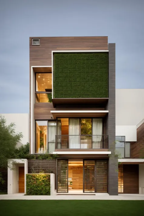 A modern street-facing house seamlessly integrates natural elements into its design. The architecture embodies an urban oasis concept, featuring a balcony adorned with lush greenery and a front yard that blends nature with the urban environment. Soft ambient lighting casts a warm and welcoming glow. Channeling the spirit of renowned architect Frank Lloyd Wright, this design showcases his signature organic architecture style. The medium for this artwork is an architectural blueprint rendered in high-definition 3D graphics, emphasizing every detail of the design. The color scheme primarily consists of earthy tones and various shades of green, enhancing the connection to nature