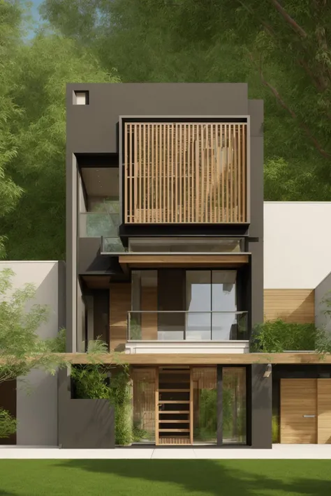 A modern street-facing house seamlessly integrates natural elements into its design. The architecture embodies an urban oasis concept, featuring a balcony adorned with lush greenery and a front yard that blends nature with the urban environment. Soft ambient lighting casts a warm and welcoming glow. Channeling the spirit of renowned architect Frank Lloyd Wright, this design showcases his signature organic architecture style. The medium for this artwork is an architectural blueprint rendered in high-definition 3D graphics, emphasizing every detail of the design. The color scheme primarily consists of earthy tones and various shades of green, enhancing the connection to nature