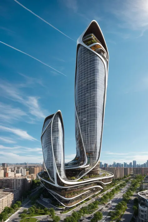 A futuristic and stunningly beautiful high-rise shopping center architectural structure with bold, futuristic design elements, blending seamlessly into the art form of digital illustration. Inspired by the works of Syd Mead. The scene showcases the center amidst a bustling city, its sleek lines contrasting with the urban environment. A warm color temperature adds vibrancy, highlighting the architectural details. Shoppers and visitors exhibit expressions of awe and excitement. Illuminated by soft, diffused lighting, the atmosphere exudes sophistication and promise of tomorrow
(masterpiece),(high quality), best quality, real,(realistic), super detailed, (full detail),(4k),8k,no humans, scenery, building, ((500-meter tall buildings)),outdoors, window, road, sky, street, lamppost, tree, power lines,,Organic modernist architecture, glass curtain walls, interesting shapes, super high-rise buildings in the block <lora:add_detail:0.45> <lora:more_details:0.45>