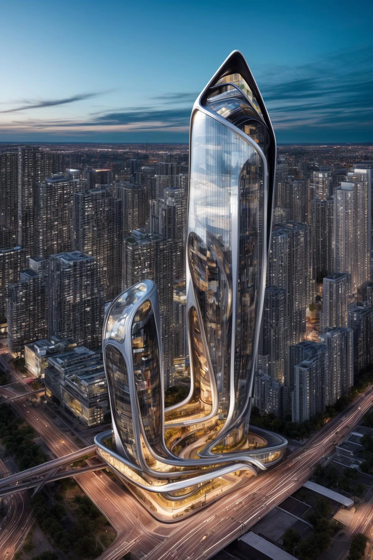 A futuristic and stunningly beautiful high-rise shopping center architectural structure with bold, futuristic design elements, blending seamlessly into the art form of digital illustration. Inspired by the works of Syd Mead. The scene showcases the center amidst a bustling city, its sleek lines contrasting with the urban environment. A warm color temperature adds vibrancy, highlighting the architectural details. Shoppers and visitors exhibit expressions of awe and excitement. Illuminated by soft, diffused lighting, the atmosphere exudes sophistication and promise of tomorrow
(masterpiece),(high quality), best quality, real,(realistic), super detailed, (full detail),(4k),8k,no humans, scenery, building, ((500-meter tall buildings)),outdoors, window, road, sky, street, lamppost, tree, power lines,,Organic modernist architecture, glass curtain walls, interesting shapes, super high-rise buildings in the block <lora:add_detail:0.45> <lora:more_details:0.45>
