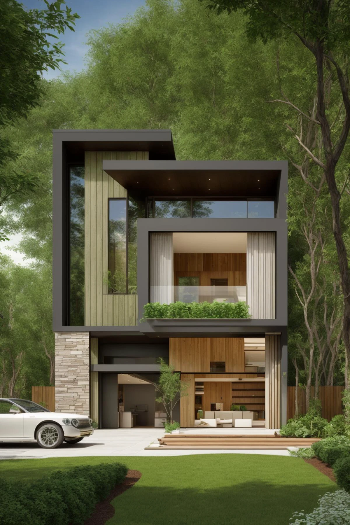 A modern street-facing house seamlessly integrates natural elements into its design. The architecture embodies an urban oasis concept, featuring a balcony adorned with lush greenery and a front yard that blends nature with the urban environment. Soft ambient lighting casts a warm and welcoming glow. Channeling the spirit of renowned architect Frank Lloyd Wright, this design showcases his signature organic architecture style. The medium for this artwork is an architectural blueprint rendered in high-definition 3D graphics, emphasizing every detail of the design. The color scheme primarily consists of earthy tones and various shades of green, enhancing the connection to nature