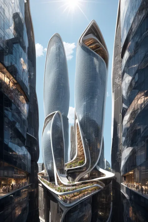 A futuristic and stunningly beautiful high-rise shopping center architectural structure with bold, futuristic design elements, blending seamlessly into the art form of digital illustration. Inspired by the works of Syd Mead. The scene showcases the center amidst a bustling city, its sleek lines contrasting with the urban environment. A warm color temperature adds vibrancy, highlighting the architectural details. Shoppers and visitors exhibit expressions of awe and excitement. Illuminated by soft, diffused lighting, the atmosphere exudes sophistication and promise of tomorrow
(masterpiece),(high quality), best quality, real,(realistic), super detailed, (full detail),(4k),8k,no humans, scenery, building, ((500-meter tall buildings)),outdoors, window, road, sky, street, lamppost, tree, power lines,,Organic modernist architecture, glass curtain walls, interesting shapes, super high-rise buildings in the block <lora:add_detail:0.45> <lora:more_details:0.45>