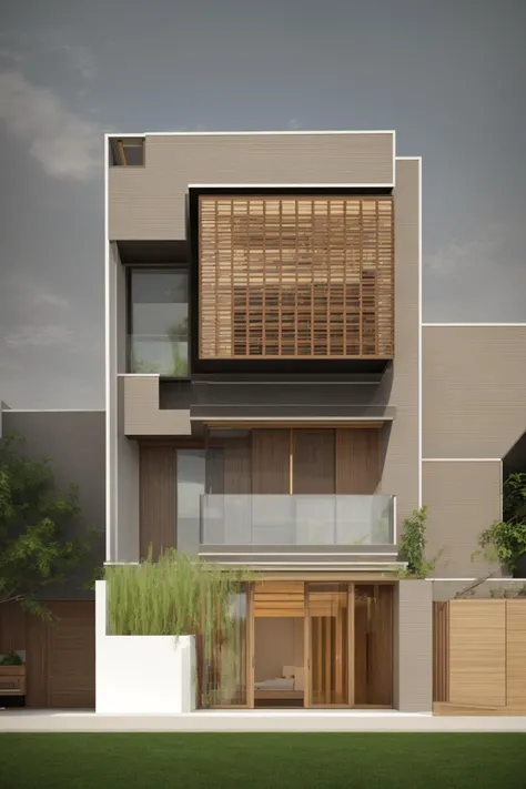 A modern street-facing house seamlessly integrates natural elements into its design. The architecture embodies an urban oasis concept, featuring a balcony adorned with lush greenery and a front yard that blends nature with the urban environment. Soft ambient lighting casts a warm and welcoming glow. Channeling the spirit of renowned architect Frank Lloyd Wright, this design showcases his signature organic architecture style. The medium for this artwork is an architectural blueprint rendered in high-definition 3D graphics, emphasizing every detail of the design. The color scheme primarily consists of earthy tones and various shades of green, enhancing the connection to nature