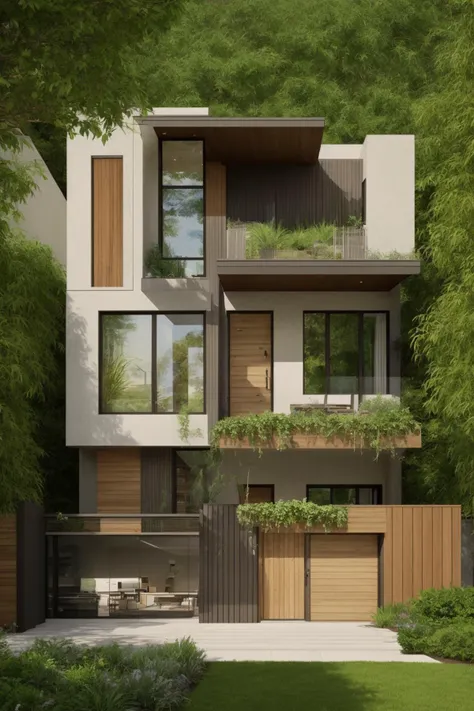 A modern street-facing house seamlessly integrates natural elements into its design. The architecture embodies an urban oasis concept, featuring a balcony adorned with lush greenery and a front yard that blends nature with the urban environment. Soft ambient lighting casts a warm and welcoming glow. Channeling the spirit of renowned architect Frank Lloyd Wright, this design showcases his signature organic architecture style. The medium for this artwork is an architectural blueprint rendered in high-definition 3D graphics, emphasizing every detail of the design. The color scheme primarily consists of earthy tones and various shades of green, enhancing the connection to nature