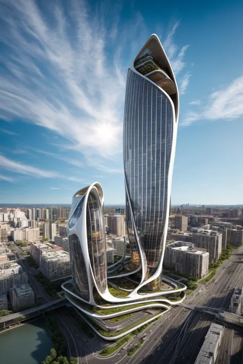 A futuristic and stunningly beautiful high-rise shopping center architectural structure with bold, futuristic design elements, blending seamlessly into the art form of digital illustration. Inspired by the works of Syd Mead. The scene showcases the center amidst a bustling city, its sleek lines contrasting with the urban environment. A warm color temperature adds vibrancy, highlighting the architectural details. Shoppers and visitors exhibit expressions of awe and excitement. Illuminated by soft, diffused lighting, the atmosphere exudes sophistication and promise of tomorrow
(masterpiece),(high quality), best quality, real,(realistic), super detailed, (full detail),(4k),8k,no humans, scenery, building, ((500-meter tall buildings)),outdoors, window, road, sky, street, lamppost, tree, power lines,,Organic modernist architecture, glass curtain walls, interesting shapes, super high-rise buildings in the block <lora:add_detail:0.45> <lora:more_details:0.45>