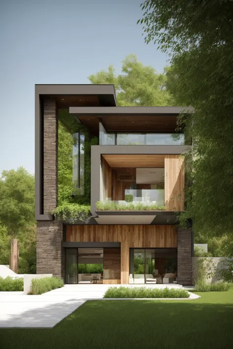 A modern street-facing house seamlessly integrates natural elements into its design. The architecture embodies an urban oasis concept, featuring a balcony adorned with lush greenery and a front yard that blends nature with the urban environment. Soft ambient lighting casts a warm and welcoming glow. Channeling the spirit of renowned architect Frank Lloyd Wright, this design showcases his signature organic architecture style. The medium for this artwork is an architectural blueprint rendered in high-definition 3D graphics, emphasizing every detail of the design. The color scheme primarily consists of earthy tones and various shades of green, enhancing the connection to nature