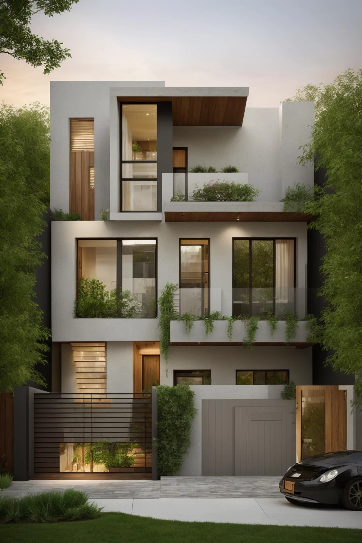 A modern street-facing house seamlessly integrates natural elements into its design. The architecture embodies an urban oasis concept, featuring a balcony adorned with lush greenery and a front yard that blends nature with the urban environment. Soft ambient lighting casts a warm and welcoming glow. Channeling the spirit of renowned architect Frank Lloyd Wright, this design showcases his signature organic architecture style. The medium for this artwork is an architectural blueprint rendered in high-definition 3D graphics, emphasizing every detail of the design. The color scheme primarily consists of earthy tones and various shades of green, enhancing the connection to nature