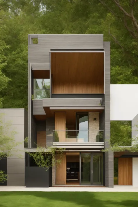 A modern street-facing house seamlessly integrates natural elements into its design. The architecture embodies an urban oasis concept, featuring a balcony adorned with lush greenery and a front yard that blends nature with the urban environment. Soft ambient lighting casts a warm and welcoming glow. Channeling the spirit of renowned architect Frank Lloyd Wright, this design showcases his signature organic architecture style. The medium for this artwork is an architectural blueprint rendered in high-definition 3D graphics, emphasizing every detail of the design. The color scheme primarily consists of earthy tones and various shades of green, enhancing the connection to nature