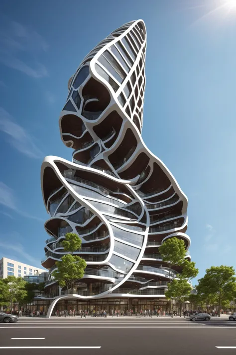 A futuristic and stunningly beautiful high-rise shopping center architectural structure with bold, futuristic design elements, blending seamlessly into the art form of digital illustration. Inspired by the works of Syd Mead. The scene showcases the center amidst a bustling city, its sleek lines contrasting with the urban environment. A warm color temperature adds vibrancy, highlighting the architectural details. Shoppers and visitors exhibit expressions of awe and excitement. Illuminated by soft, diffused lighting, the atmosphere exudes sophistication and promise of tomorrow
(masterpiece),(high quality), best quality, real,(realistic), super detailed, (full detail),(4k),8k,no humans, scenery, building, ((500-meter tall buildings)),outdoors, window, road, sky, street, lamppost, tree, power lines,,Organic modernist architecture, glass curtain walls, interesting shapes, super high-rise buildings in the block <lora:add_detail:0.45> <lora:more_details:0.45>