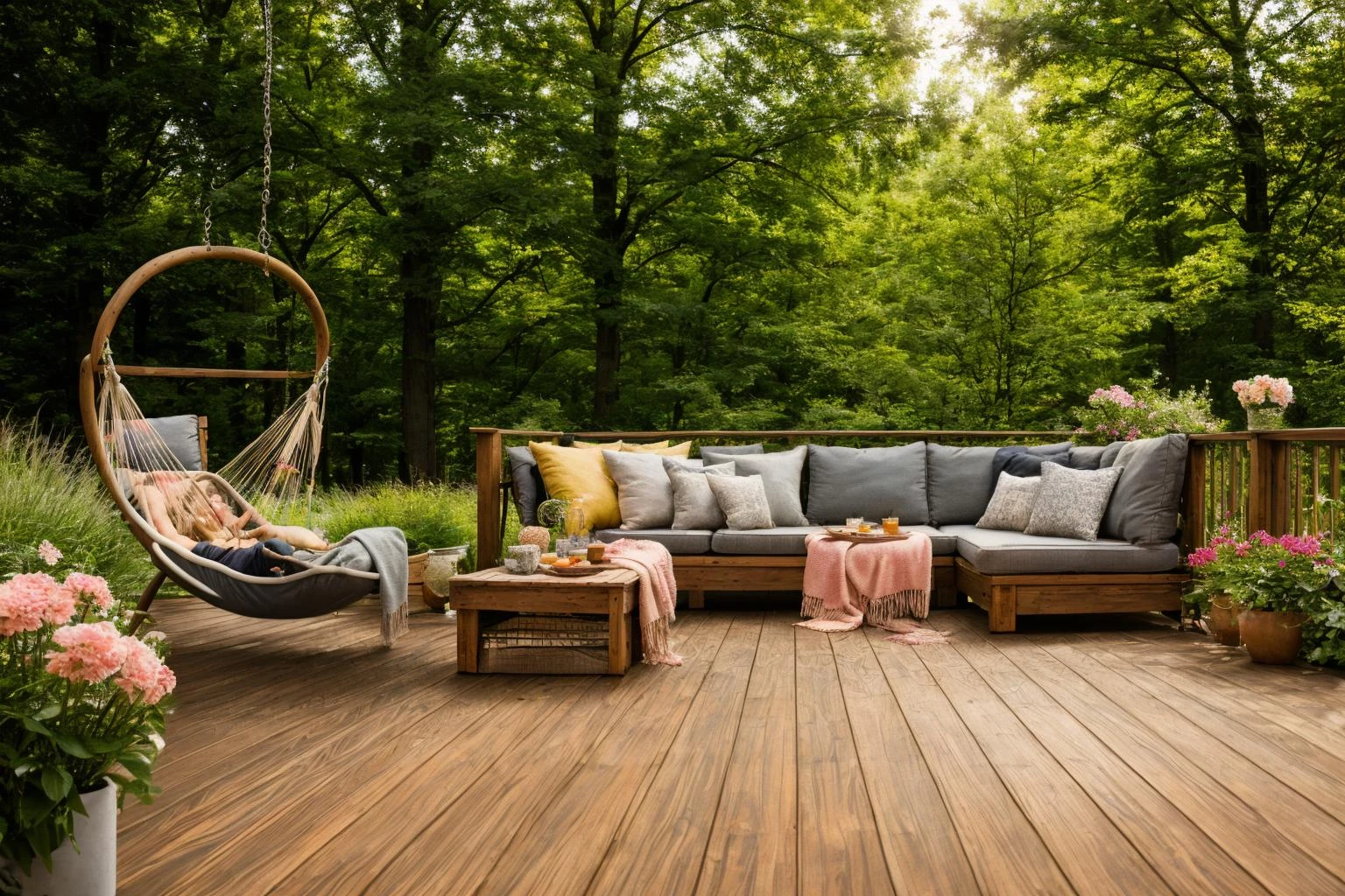 Dive into the world of Photography, capturing the essence of a wooden deck with a hammock chair and a couch in the middle, surrounded by a burst of summer vibrancy. Through the lens of a 35mm camera, inspired by the techniques of Christian Hilfgott Brand, the scene unfolds with an arts and crafts movement touch. The deck is bathed in warm sunlight, casting gentle shadows. The flowers around the deck sway gently, adding a touch of summer breeze. The color temperature is warm, with no facial expressions to capture. The lighting is soft and natural, creating a serene and inviting atmosphere. <lora:lora_garden_architecture_Exterior_SDlife_Chiasedamme_V1.0:0.6>
