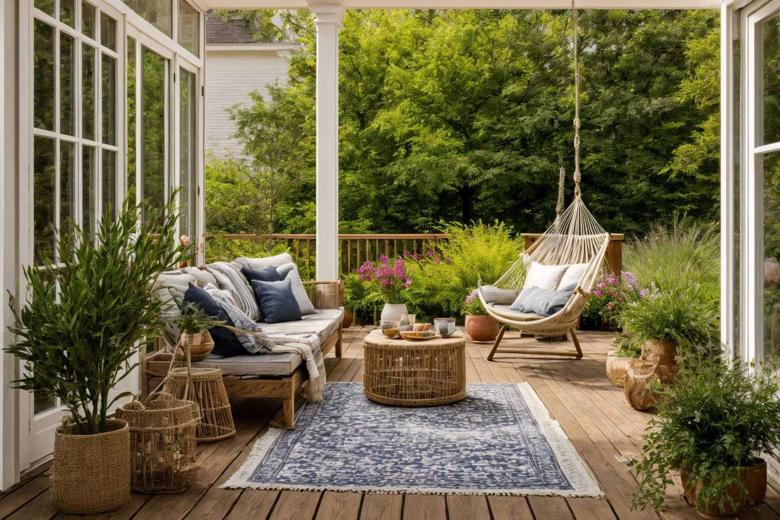 garden, Embark on a journey with Illustration, depicting a wooden deck with a hammock chair and a couch at its heart, all enveloped by blooming flowers, echoing the summer vibrancy. Drawing inspiration from Christian Hilfgott Brand, the arts and crafts movement is evident in every stroke. The scene is painted with a warm palette, with no faces to interpret. The lighting is soft, casting subtle shadows, and the atmosphere is tranquil and welcoming <lora:lora_garden_architecture_Exterior_SDlife_Chiasedamme_V1.0:0.6>