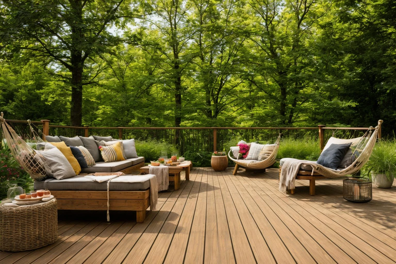 Dive into the world of Photography, capturing the essence of a wooden deck with a hammock chair and a couch in the middle, surrounded by a burst of summer vibrancy. Through the lens of a 35mm camera, inspired by the techniques of Christian Hilfgott Brand, the scene unfolds with an arts and crafts movement touch. The deck is bathed in warm sunlight, casting gentle shadows. The flowers around the deck sway gently, adding a touch of summer breeze. The color temperature is warm, with no facial expressions to capture. The lighting is soft and natural, creating a serene and inviting atmosphere. <lora:lora_garden_architecture_Exterior_SDlife_Chiasedamme_V1.0:0.6>