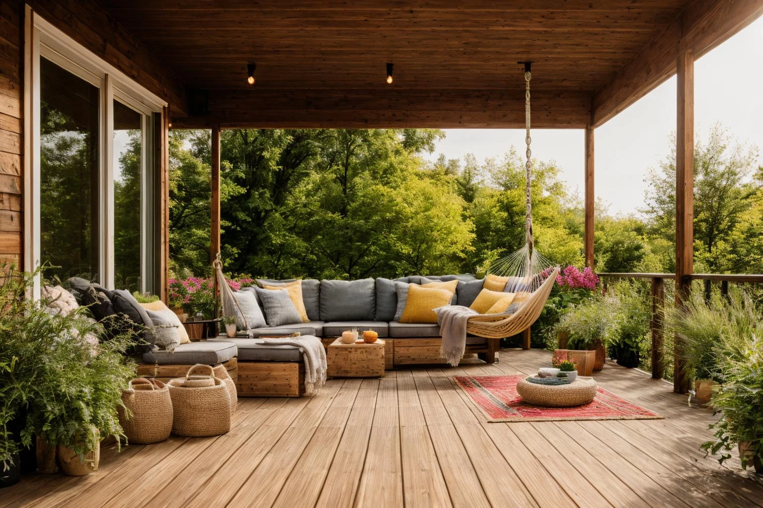 Dive into the world of Photography, capturing the essence of a wooden deck with a hammock chair and a couch in the middle, surrounded by a burst of summer vibrancy. Through the lens of a 35mm camera, inspired by the techniques of Christian Hilfgott Brand, the scene unfolds with an arts and crafts movement touch. The deck is bathed in warm sunlight, casting gentle shadows. The flowers around the deck sway gently, adding a touch of summer breeze. The color temperature is warm, with no facial expressions to capture. The lighting is soft and natural, creating a serene and inviting atmosphere. <lora:lora_garden_architecture_Exterior_SDlife_Chiasedamme_V1.0:0.6>