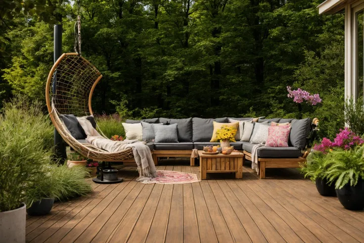 Dive into the world of Photography, capturing the essence of a wooden deck with a hammock chair and a couch in the middle, surrounded by a burst of summer vibrancy. Through the lens of a 35mm camera, inspired by the techniques of Christian Hilfgott Brand, the scene unfolds with an arts and crafts movement touch. The deck is bathed in warm sunlight, casting gentle shadows. The flowers around the deck sway gently, adding a touch of summer breeze. The color temperature is warm, with no facial expressions to capture. The lighting is soft and natural, creating a serene and inviting atmosphere. <lora:lora_garden_architecture_Exterior_SDlife_Chiasedamme_V1.0:0.6>