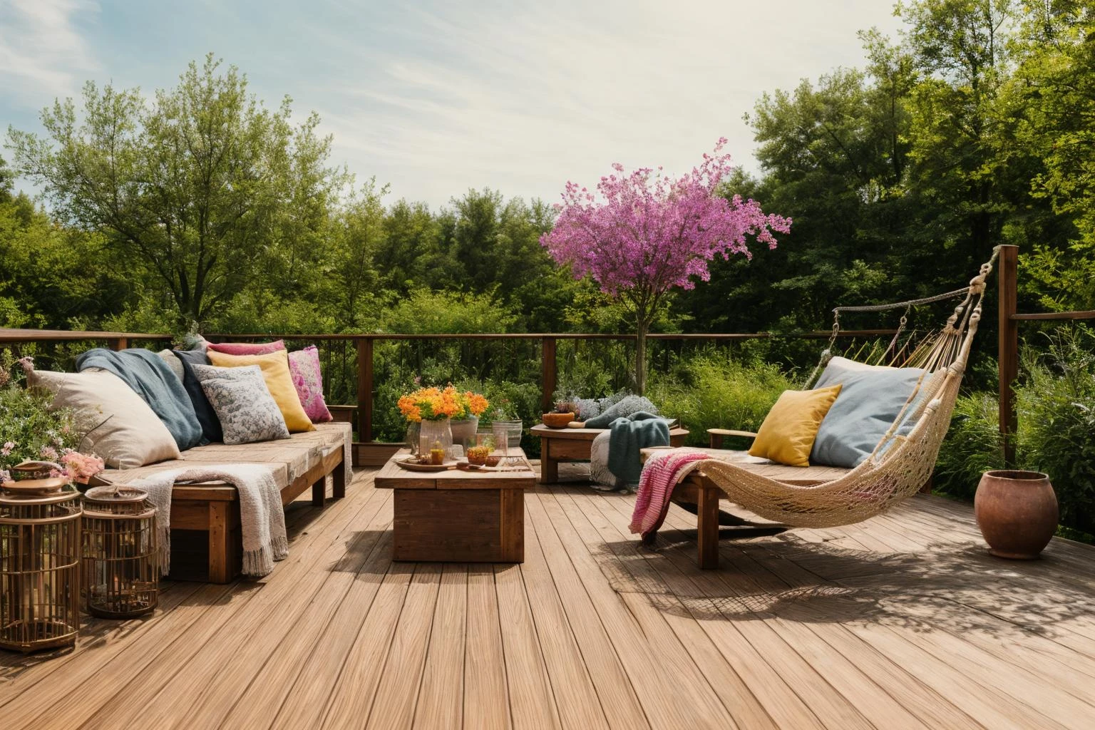 Dive into the world of Photography, capturing the essence of a wooden deck with a hammock chair and a couch in the middle, surrounded by a burst of summer vibrancy. Through the lens of a 35mm camera, inspired by the techniques of Christian Hilfgott Brand, the scene unfolds with an arts and crafts movement touch. The deck is bathed in warm sunlight, casting gentle shadows. The flowers around the deck sway gently, adding a touch of summer breeze. The color temperature is warm, with no facial expressions to capture. The lighting is soft and natural, creating a serene and inviting atmosphere. <lora:lora_garden_architecture_Exterior_SDlife_Chiasedamme_V1.0:0.6>