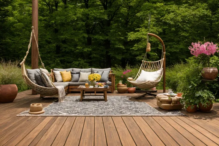 Dive into the world of Photography, capturing the essence of a wooden deck with a hammock chair and a couch in the middle, surrounded by a burst of summer vibrancy. Through the lens of a 35mm camera, inspired by the techniques of Christian Hilfgott Brand, the scene unfolds with an arts and crafts movement touch. The deck is bathed in warm sunlight, casting gentle shadows. The flowers around the deck sway gently, adding a touch of summer breeze. The color temperature is warm, with no facial expressions to capture. The lighting is soft and natural, creating a serene and inviting atmosphere. <lora:lora_garden_architecture_Exterior_SDlife_Chiasedamme_V1.0:0.6>