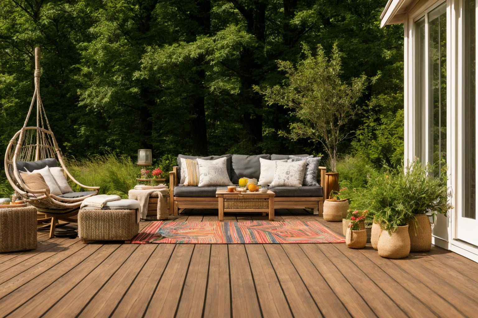 Dive into the world of Photography, capturing the essence of a wooden deck with a hammock chair and a couch in the middle, surrounded by a burst of summer vibrancy. Through the lens of a 35mm camera, inspired by the techniques of Christian Hilfgott Brand, the scene unfolds with an arts and crafts movement touch. The deck is bathed in warm sunlight, casting gentle shadows. The flowers around the deck sway gently, adding a touch of summer breeze. The color temperature is warm, with no facial expressions to capture. The lighting is soft and natural, creating a serene and inviting atmosphere. <lora:lora_garden_architecture_Exterior_SDlife_Chiasedamme_V1.0:0.6>