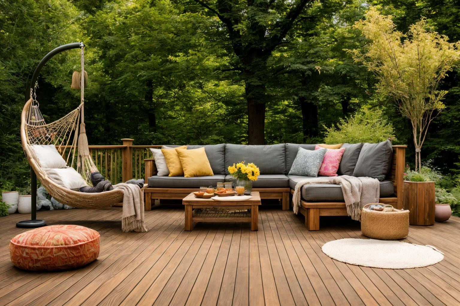 Dive into the world of Photography, capturing the essence of a wooden deck with a hammock chair and a couch in the middle, surrounded by a burst of summer vibrancy. Through the lens of a 35mm camera, inspired by the techniques of Christian Hilfgott Brand, the scene unfolds with an arts and crafts movement touch. The deck is bathed in warm sunlight, casting gentle shadows. The flowers around the deck sway gently, adding a touch of summer breeze. The color temperature is warm, with no facial expressions to capture. The lighting is soft and natural, creating a serene and inviting atmosphere. <lora:lora_garden_architecture_Exterior_SDlife_Chiasedamme_V1.0:0.6>