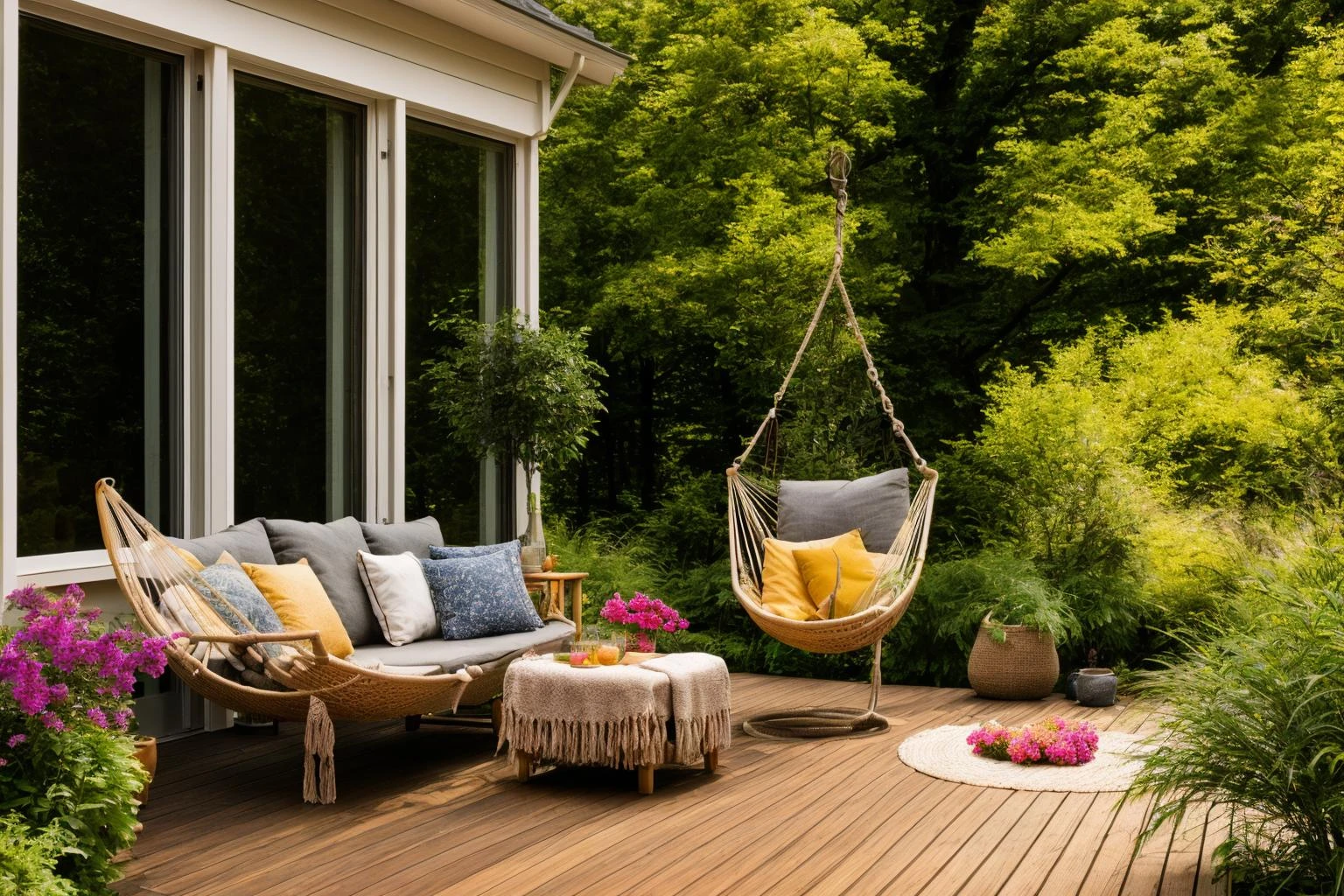 Dive into the world of Photography, capturing the essence of a wooden deck with a hammock chair and a couch in the middle, surrounded by a burst of summer vibrancy. Through the lens of a 35mm camera, inspired by the techniques of Christian Hilfgott Brand, the scene unfolds with an arts and crafts movement touch. The deck is bathed in warm sunlight, casting gentle shadows. The flowers around the deck sway gently, adding a touch of summer breeze. The color temperature is warm, with no facial expressions to capture. The lighting is soft and natural, creating a serene and inviting atmosphere. <lora:lora_garden_architecture_Exterior_SDlife_Chiasedamme_V1.0:0.6>