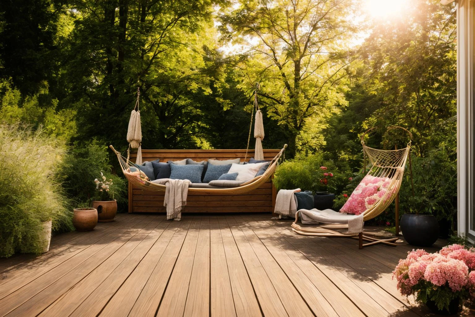 Dive into the world of Photography, capturing the essence of a wooden deck with a hammock chair and a couch in the middle, surrounded by a burst of summer vibrancy. Through the lens of a 35mm camera, inspired by the techniques of Christian Hilfgott Brand, the scene unfolds with an arts and crafts movement touch. The deck is bathed in warm sunlight, casting gentle shadows. The flowers around the deck sway gently, adding a touch of summer breeze. The color temperature is warm, with no facial expressions to capture. The lighting is soft and natural, creating a serene and inviting atmosphere. <lora:lora_garden_architecture_Exterior_SDlife_Chiasedamme_V1.0:0.6>