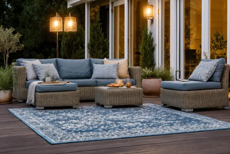 garden, Experience the magic of Pixar 3D, bringing to life a patio scene with a comfortable couch, table, and ambient lights. The blue rug on the floor stands out, adding depth to the scene. With a nod to Christian Hilfgott Brand and the light and space movement, the setting is a blend of realism and fantasy. The color temperature leans towards the cool side, with no facial expressions present. The ambient lighting highlights the textures and details, creating a stock photo-like atmosphere
 <lora:lora_garden_architecture_Exterior_SDlife_Chiasedamme_V1.0:0.6>