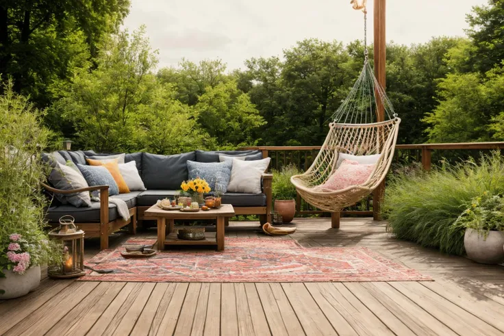 Dive into the world of Photography, capturing the essence of a wooden deck with a hammock chair and a couch in the middle, surrounded by a burst of summer vibrancy. Through the lens of a 35mm camera, inspired by the techniques of Christian Hilfgott Brand, the scene unfolds with an arts and crafts movement touch. The deck is bathed in warm sunlight, casting gentle shadows. The flowers around the deck sway gently, adding a touch of summer breeze. The color temperature is warm, with no facial expressions to capture. The lighting is soft and natural, creating a serene and inviting atmosphere. <lora:lora_garden_architecture_Exterior_SDlife_Chiasedamme_V1.0:0.6>