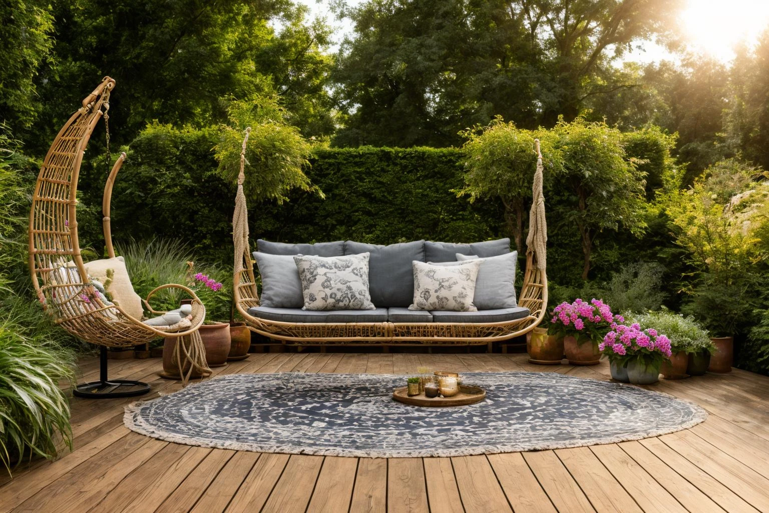 garden, Experience the magic of Pixar 3D, bringing to life a wooden deck adorned with a hammock chair and a couch, surrounded by a sea of vibrant flowers. With a nod to Christian Hilfgott Brand and the arts and crafts movement, the scene is a blend of realism and fantasy. The color temperature leans towards the warm side, with no facial expressions present. The lighting is ambient, highlighting the textures and details, and the atmosphere is filled with the scent of summer <lora:lora_garden_architecture_Exterior_SDlife_Chiasedamme_V1.0:0.6>