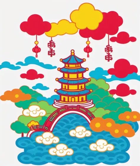 china chic emoticon, Auspicious clouds, pavilion in the middle of the lake, <lora:cic:0.7>