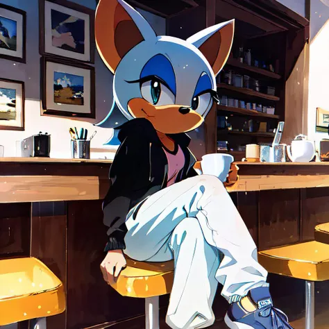 highres, Best Quality, (masterpiece:1.2), Rouge the Bat sitting at a cafe drinking coffee, 1girl, wearing a jacket, sweatpants, brown shoes, relaxed, illustration, painting_(medium), <lora:Rouge the Bat final:1>