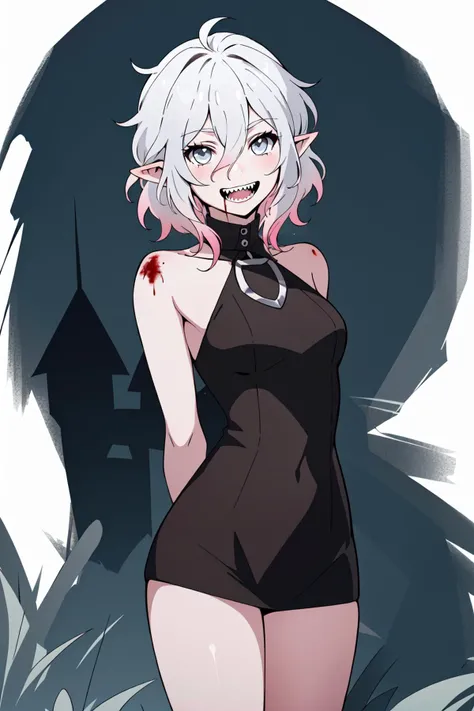 (masterpiece, best quality), intricate details,
1girl, <lora:Briar-07:0.6> Briar, multicolored hair, white hair, pink hair, gray eyes, gray skin, short hair, messy hair,sharp teeth, pointy ears, , outfit black
grassy field, night time, dark, blood, arms behind back,