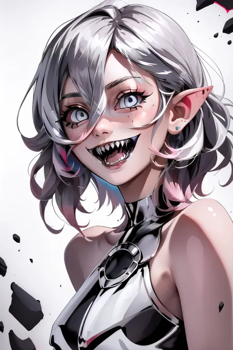 (masterpiece, best quality),  intricate details,
1girl,    <lora:Briav2-lol:0.8> Briar, multicolored hair, white hair, pink hair, gray eyes, gray skin, short hair, messy hair,sharp teeth, pointy ears, , outfit black