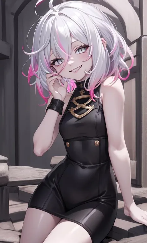 masterpiece, high detail, high resolution, RTX, 8K, high quality,
1girl, multicolored hair, white hair, pink hair, gray eyes, gray skin, short hair, messy hair, outfit black, smile,
<lora:Briar-07:0.55>