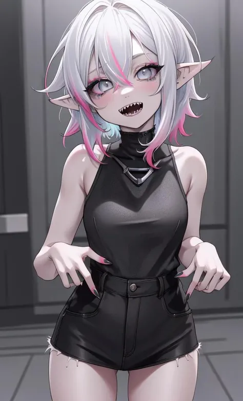 masterpiece, high detail, high resolution, RTX, 8K, high quality, (best quality, RAW photo,ultra-detailed:1.2),
1girl, multicolored hair, white hair, pink hair, gray eyes, gray skin, short hair, messy hair, outfit black, sharp teeth, pointy ears ,solo,looking at viewer,
<lora:Briar-07:0.55>