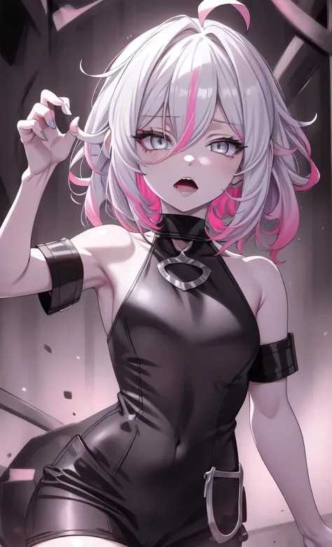 masterpiece, high detail, high resolution, RTX, 8K, high quality,
1girl, multicolored hair, white hair, pink hair, gray eyes, gray skin, short hair, messy hair, outfit black, open mouth,
<lora:Briar-07:0.55>