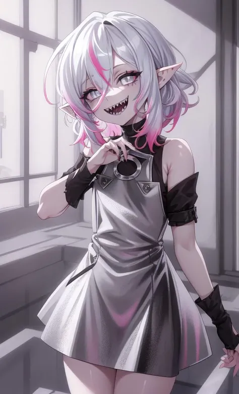 masterpiece, high detail, high resolution, RTX, 8K, high quality,
1girl, multicolored hair, white hair, pink hair, gray eyes, gray skin, short hair, messy hair, outfit black, sharp teeth, pointy ears,
<lora:Briar-07:0.55>