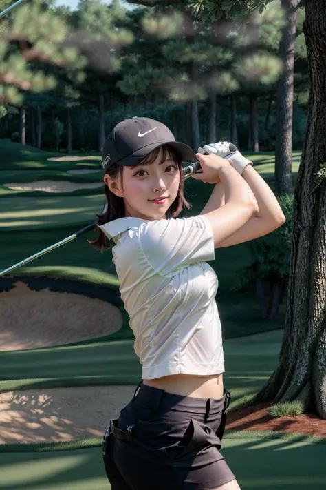 <lora:HiromiTottoko_v1:1>, masterpiece, best cinematic quality, photorealistic highly detailed 8k raw photo, volumetric lighting, volumetric shadows, hrmttk in top, seductive smile, Pretending to swing a golf club , random dynamic background