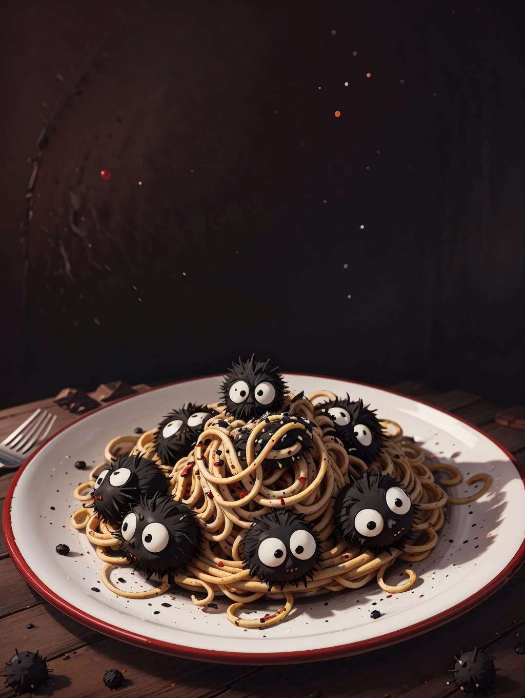 A few confused fluffy little black dusty sootsprites on top of and around (a plate of spaghetti), pasta, (red sauce), basil, on a table, brightly lit, tablecloth, fork, trails of soot, sprinkles of black powder.
fcPortrait, highres, high resolution, detailed, vibrant, colorful,
<lora:LowRA:0.1> <lora:add_detail:0.3> <lora:sootSprite:0.5>