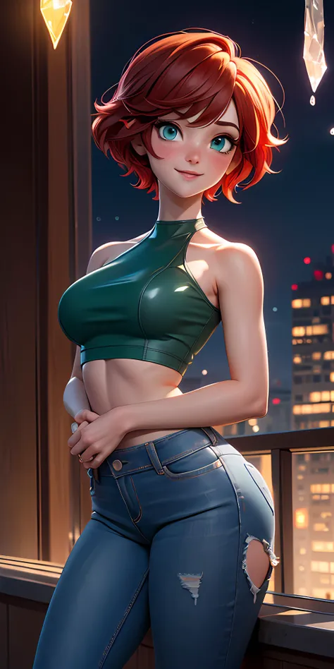 (multiple girls:1.2), (hugging:1.3), group hug, underboob, halter top, short shorts, skirt, short skirt, leggings, denim, latex, leather, logo shirt, short red hair, green eyes, blue eyes, dark hair, flirty smile, blush, medium breasts, large breasts, small breasts, from below, looking at viewer, cowboy shot, rooftop, pergola, night time, hanging lights skyline, multicolor, shiny, reflective, posing together, in love, yuri, fcDetailPortrait, fcPortrait, Style-Glass