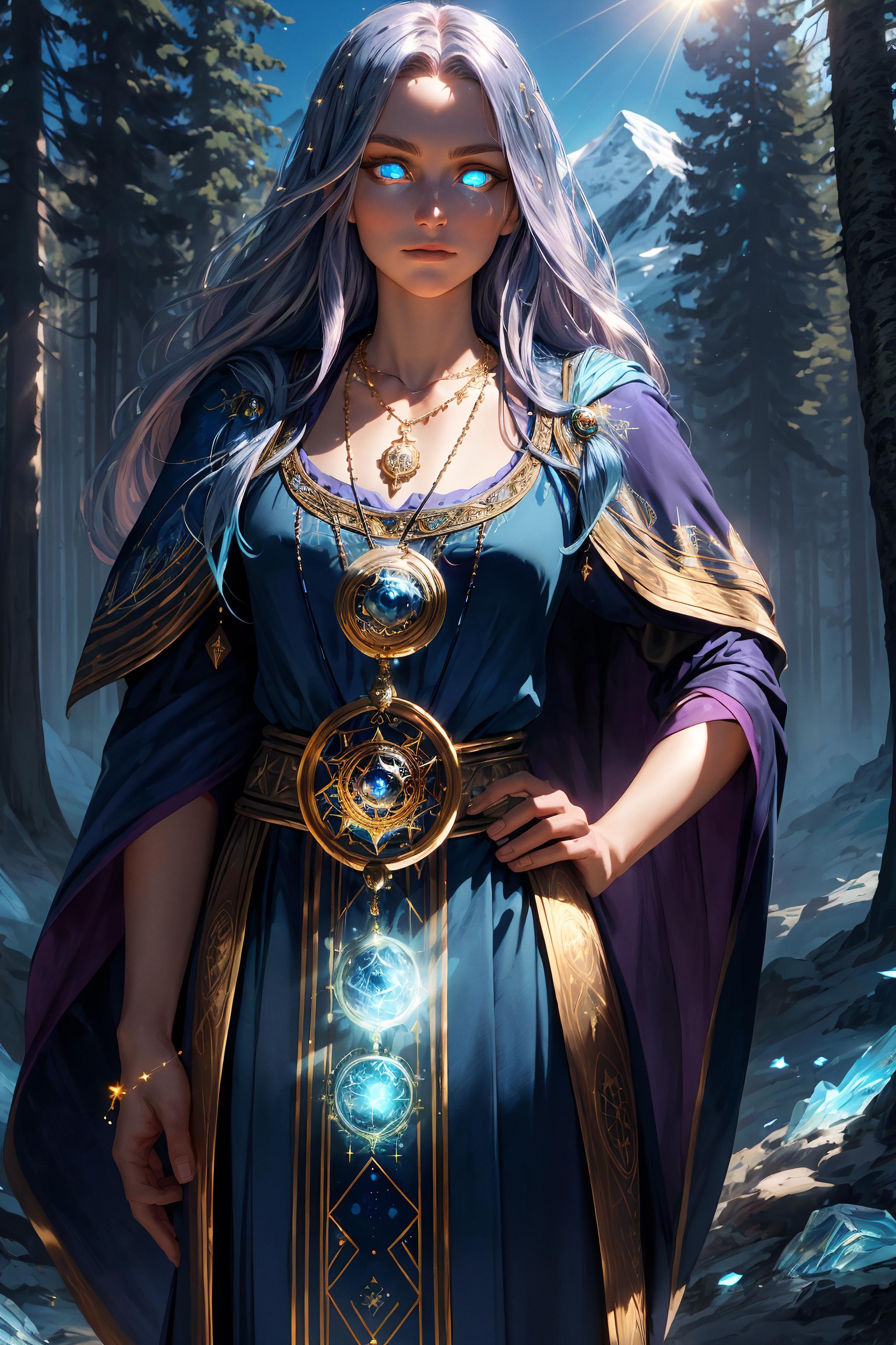 A woman in a blue dress and a purple cape stands in the woods - SeaArt AI