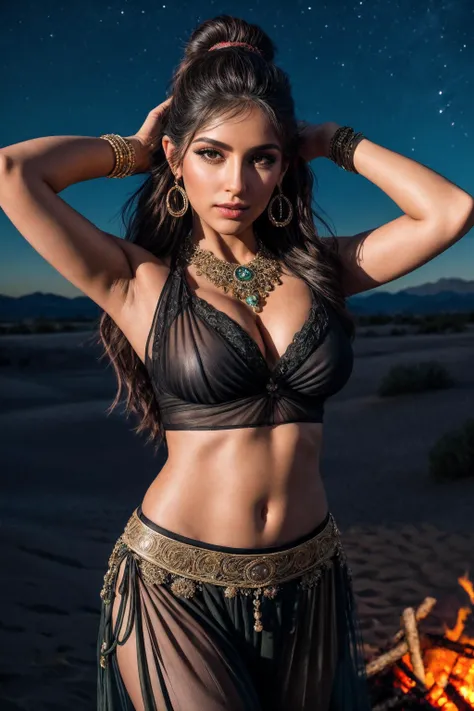 (cowboy shot:1.4), (3/4 shot:1.4), (lewd, erotic, cleavage, racy:1.3), long hair, (hair up in ponytail:1.3), (belly dancer:1.5), (sheer chiffon harem pants:1.4), (sheer, see-through top:1.5), (coin belt:1.2), (forehead jewelry:1.1), (bare midriff:1.2), sensual, exotic, brunette hair, (foundation, concealer, mascara, rosy cheeks, smokey eye makeup, lipstick:1.3), (beautiful, gorgeous:1.1), earrings, necklace, bracelets, rings, (looking at viewer:1.4), standing, arms up, hands behind head, in motion, dynamic action pose, sultry night club, (middle eastern, olive skin:1.2), detailed background, (night, midnight, night sky:1.25), <lora:more_details:0.7>, RAW photo, subject, 8k uhd, dslr, soft lighting, high quality, film grain, Fujifilm XT3, colorful, (fcDetailPortrait:0.75), (masterpiece:1.3), subsurface scattering, heavy shadow, (high quality:1.4), (intricate, high detail:1.2), professional photography, HDR, High Dynamic Range, realistic, ultra realistic, photorealistic, high resolution, rule of thirds, film photography, DSLR,, desert landscape, sand dunes, cacti, clear sky, (campfire:1.2) <lora:LowRA:0.7>