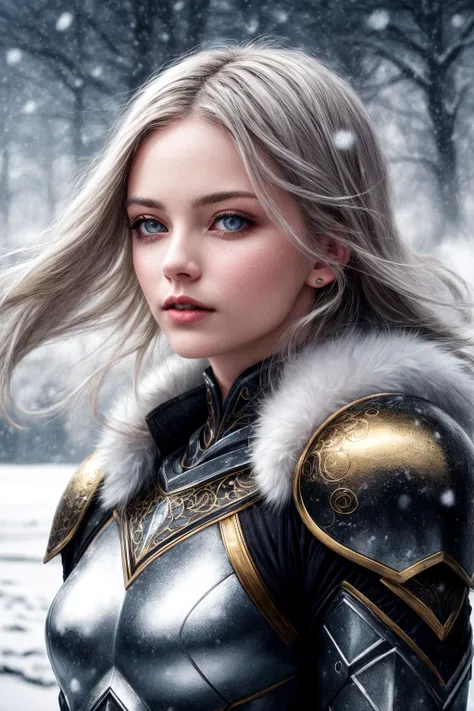 blue frost filigree, 1girl, (medium shot:1.4), (grey pale-blue eyes:0.8), long hair, hair in motion, wind-swept hair, wind-blown hair, white hair, (cloudy, overcast, snowing, snowfall:1.25), <lora:more_details:0.7>, fcDetailPortrait, (masterpiece:1.2), soft lighting, subsurface scattering, heavy shadow, (best quality:1.4), golden ratio, (intricate, high detail:1.2), soft focus, ice queen, (black armor:1.25), ice warrior, royalty, ice crown, fur lining, grim, bleak, dystopian, (beautiful, gorgeous, flawless complection, glamour model:1.3), elegant dignified pose