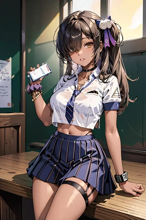 (masterpiece, best quality),1girl, <lora:naga_(nikke):1> aanaga,dark-skinned female,long hair,side ponytail,hair over one eye,hairclip,hair ribbon,hair ornament,black choker,large breasts,school uniform,blue necktie,shirt,short sleeves,navel,bracelet,wrist scrunchie,skirt,(thigh strap:1.2),socks,loose socks,loafers