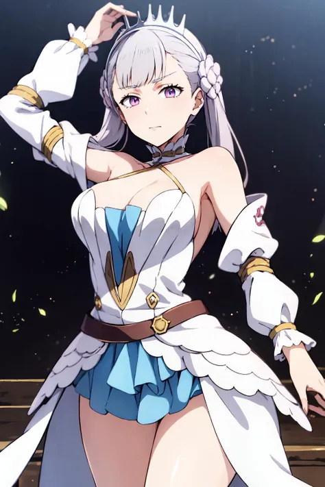<lora:Noelle_Silva:0.9>, noelle_silva, mage_dress,white dress, cleavage, bare shoulder, long sleeves, best quality, hires, cowboy shot, freestyle pose, <lora:anmnr02av4:0.25>