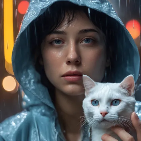 RAW photo, (photo flash:1.5) (fashion photography) (pictorialist style), fashion shot, realistic photo style, sharp focus,
(full body shot) of a 20 yo girl with ice blue hair in future clothes, angry or crying and sad looking, tearful and open-mouthed, reveal sorrow, open mouth, teary, tear, sorrow, crying, transparent liquid, water tears, glass tears, cute face, eye level, focus on eyes,
she ist wearing a sleek metallic jumpsuit with holographic accents, LED-lit seams, form-fitting silhouette, iridescent fabric, touch-responsive panels, adaptive color-changing, avant-garde asymmetry, integrated tech accessories, gravity-defying drapes, translucent mesh inserts, biomimetic textures, 3D-printed details, energy-efficient materials, microfiber sensors, minimalist cutouts, modular layering, neural interface compatibility, solar-charging capabilities
She is holding a white cat, rain, wet fur, water droplets, puddles, drenched, shimmering, damp paws, misty air, whiskers glistening, gray skies, reflective eyes, soggy whiskers, damp nose, fur clinging, splashing, damp coat, rainy day, water-soaked, watery world
photo location is a night scene from blade runner movie: moviestill, (bright dazzling neon lights:1.3), futuristic skyline, neon-lit alleys, rain-soaked pavement, towering skyscrapers, gritty urban sprawl, synthetic humans, bustling crowds, holographic billboards, flying vehicles, dimly lit shops, cyberpunk aesthetics, dystopian atmosphere, steamy vents, flickering lights, androids in shadows, moody reflections, artificial intelligence, techno-noir setting, dark mysteries, urban decay, rain-slicked streets, augmented reality, electronic hum, metropolitan dystopia, eerie silence, urban isolation, polluted skies, neon glow, tech-enhanced crime, melancholic undertones, enigmatic figures, uncertain future, digital billboards, glimmering advertisements, corporate dominance, haunting alleys, tech noir ambiance, abandoned corners, cybernetic implants, forbidden desires, existential questions, artificial lifeforms, ethereal music, looming architecture
dappled light on face, pale skin, no make-up, detailed face and eyes, natural skin texture, (highly detailed skin:1.1), (textured skin:1.1), (skin pores:1.1), (oiled shiny skin:0.5), (skin blemish:1.2), (imperfect skin:1.1), intricate skin details, visible skin detail, detailed skin texture, detailed eyes, round iris, remarkable detailed pupils, light reflections in her eye, visible cornea, highly detailed iris, tiny blood vessels in the eye, small freckles, wrinkles, pimples,  beauty spot, <lora:polyhedron_all_sdxl-000004:0.7>
celluloid's unique character, film grain, (no depth of field:1.5), movie shot with (panavision panaflex gold camera:1.1) on (celluloid:1.2), shot by ridley scott, shot by Denis Villeneuve, best quality, masterpiece, ultra high res, (photorealistic:1.4), 8K raw photo, professional photography, award winning photo, ((light)) photography
