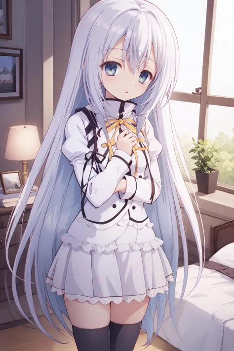 masterpiece, best quality,<lora:ast_20230629215453:1:TEXT>,1girl, solo, thighhighs, long hair, , zettai ryouiki,,white hair,,in bed,standing,  sunlight, shy,