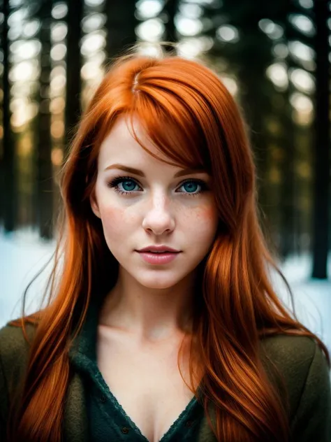 foxy european woman, ginger hair, winter forest, natural skin texture, 24mm, 4k textures, soft cinematic light, adobe lightroom, photolab, hdr, sharp focus, ((((cinematic look)))), soothing tones, low contrast, soft cinematic light, dim colors, exposure blend, hdr, faded