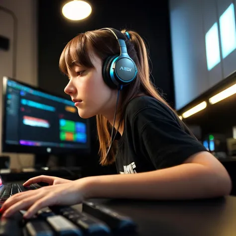 lofi girl, room, side view, [headphones, keyboard, computer, monitor light], coffee mug, lain, chill, relax, forced perspective, backlighting, beautiful detailed neon glow, (lots of fine detail, rich details:1.3), (best quality, high quality:1.3)