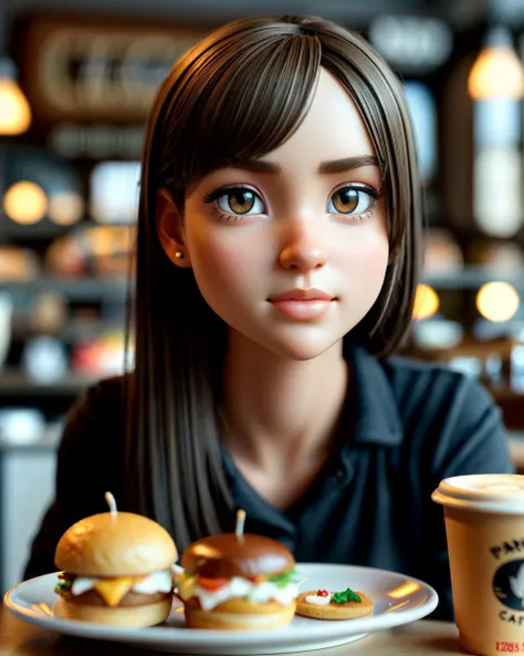 girl, close-up, cafe, miniature, ((diorama)), complex background, stuff in the background, full shot, small, miniature, perfect, smooth, centered, pixar style, (isometric equilateral view), cinematic lighting, [canon 5d iv], wide shot