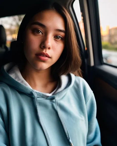 raw photo, 25 years old girl, upper body, backseat selfie, (lipstick:0.8), blue hoodie, soft lighting, high quality, highres, sharp focus, extremely detailed, sunlight on face, beautiful detailed eyes, masterpiece, cinematic lighting, dslr, fujifilm xt3